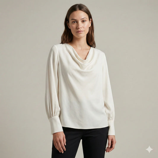 The Amara Cowl Neck Silk-Touch Blouse | Pearl Ivory